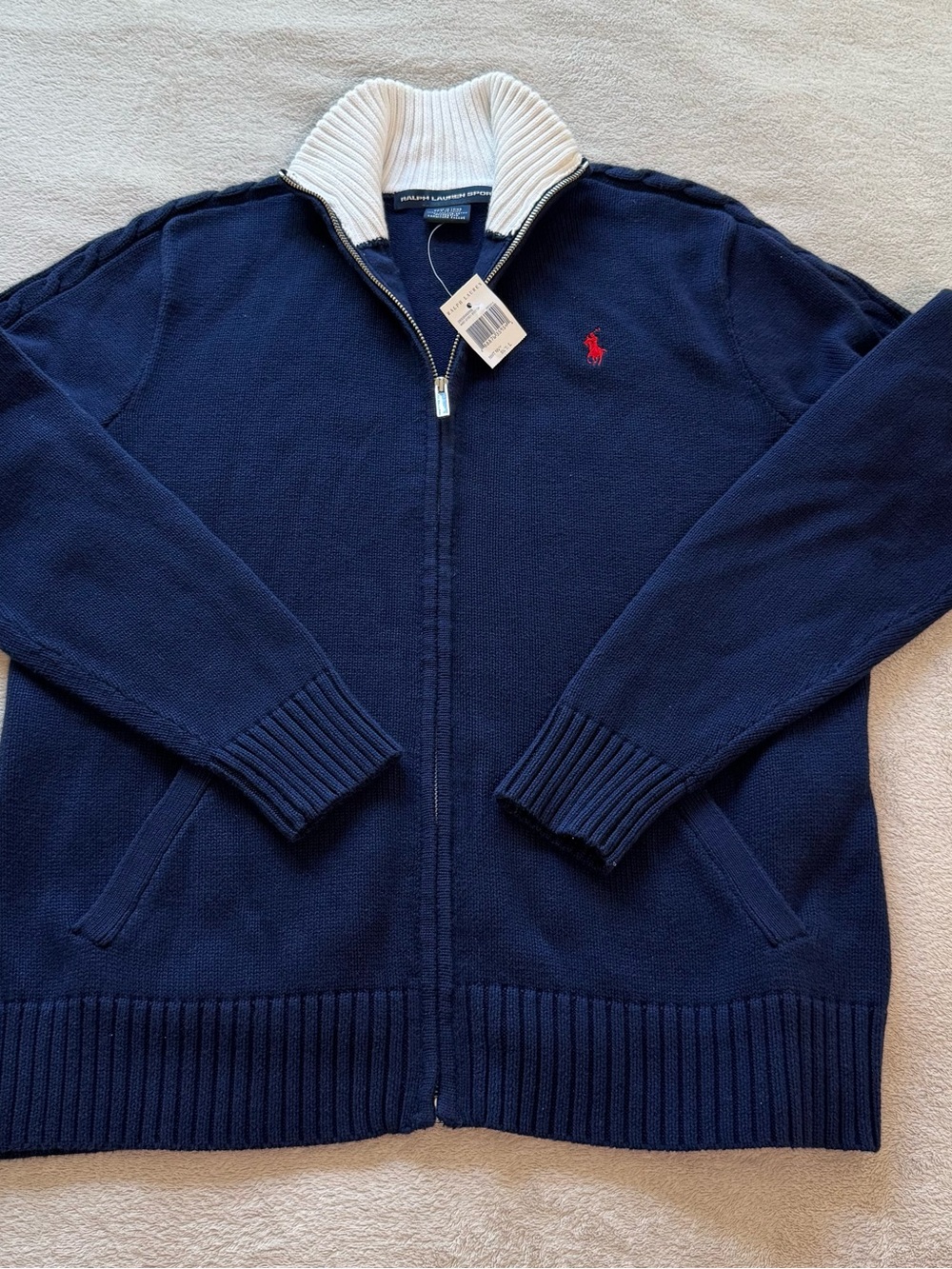 🔥 Ralph Lauren Sport Sweater M Navy Red Pony Vintage Zip-Up Cardigan Sweater